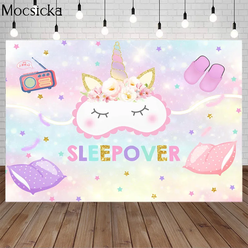 

Magical Sleepover Unicorn Birthday Backdrop Pink Dream Radio Pillow Child Portrait Background Decor Prop Photo Studio Cake Smash