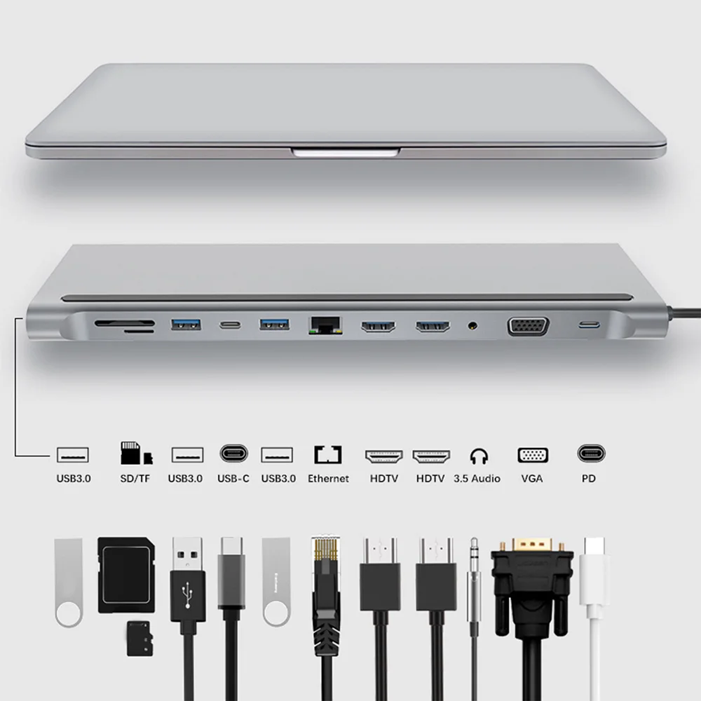 

12 in 1 Type-C Hub USB3.1 to Dual HDMI-Compatible RJ45 VGA HUB MST Data Port Type-C Smart Docking Station for Notebook