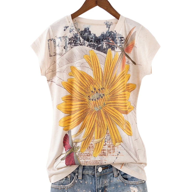 

Women Harajuku Tops Plus Size 4XL Women Summer Short Sleeve T-shirt Fashion Diamonds Floral Print O-Neck Tees Ropa Mujer