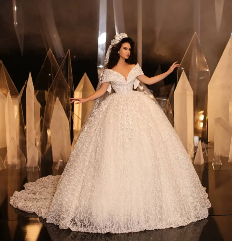 

Princess robe de mariée Ball Gown Wedding Dress Appliqued Off the Shoulder Arabic Bridal Gowns Short Sleeves vestido de novia