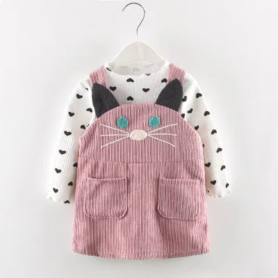 BZ707 pink Humor Bear/Коллекция года, комплекты одежды для девочек на осень, зиму и весну Осенняя хлопковая футболка в горошек с длинными рукавами+ платье на бретелях с изображением кота одежда для малышей из 2 предметов - Цвет: BZ707 pink