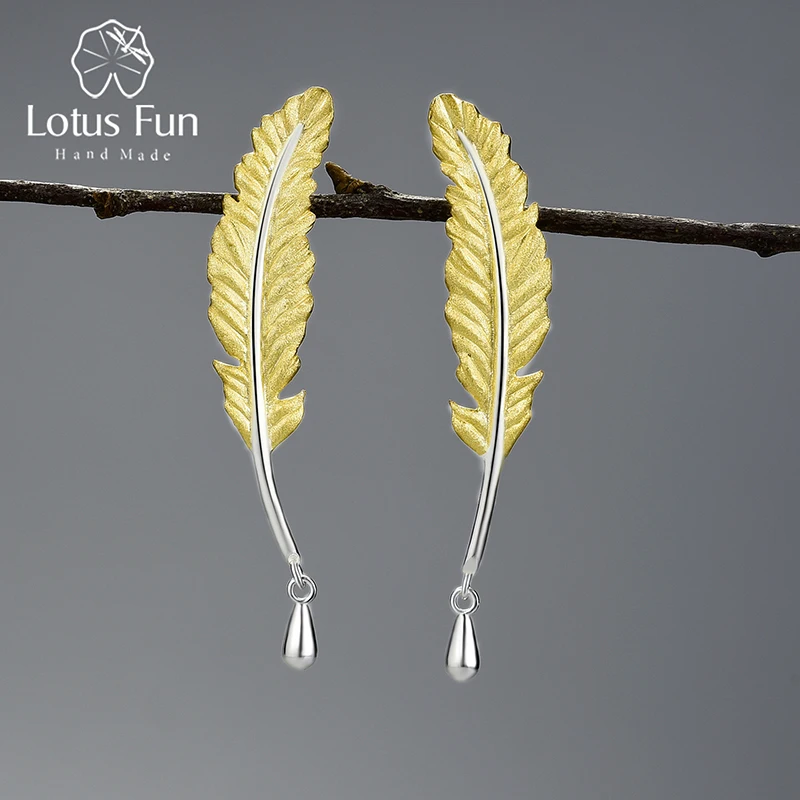

Lotus Fun 18K Gold Luxury Vintage Genuine 925 Sterling Silver Unusual Feather Earrings for Women Original Jewelry 2021 trend New
