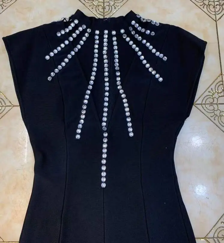 

Top Quality Ladies Winter Style Sexy Diamonds Black Bandage Playsuits 2021 Celebrity Fashion Night Club Party Rompers Playsuit