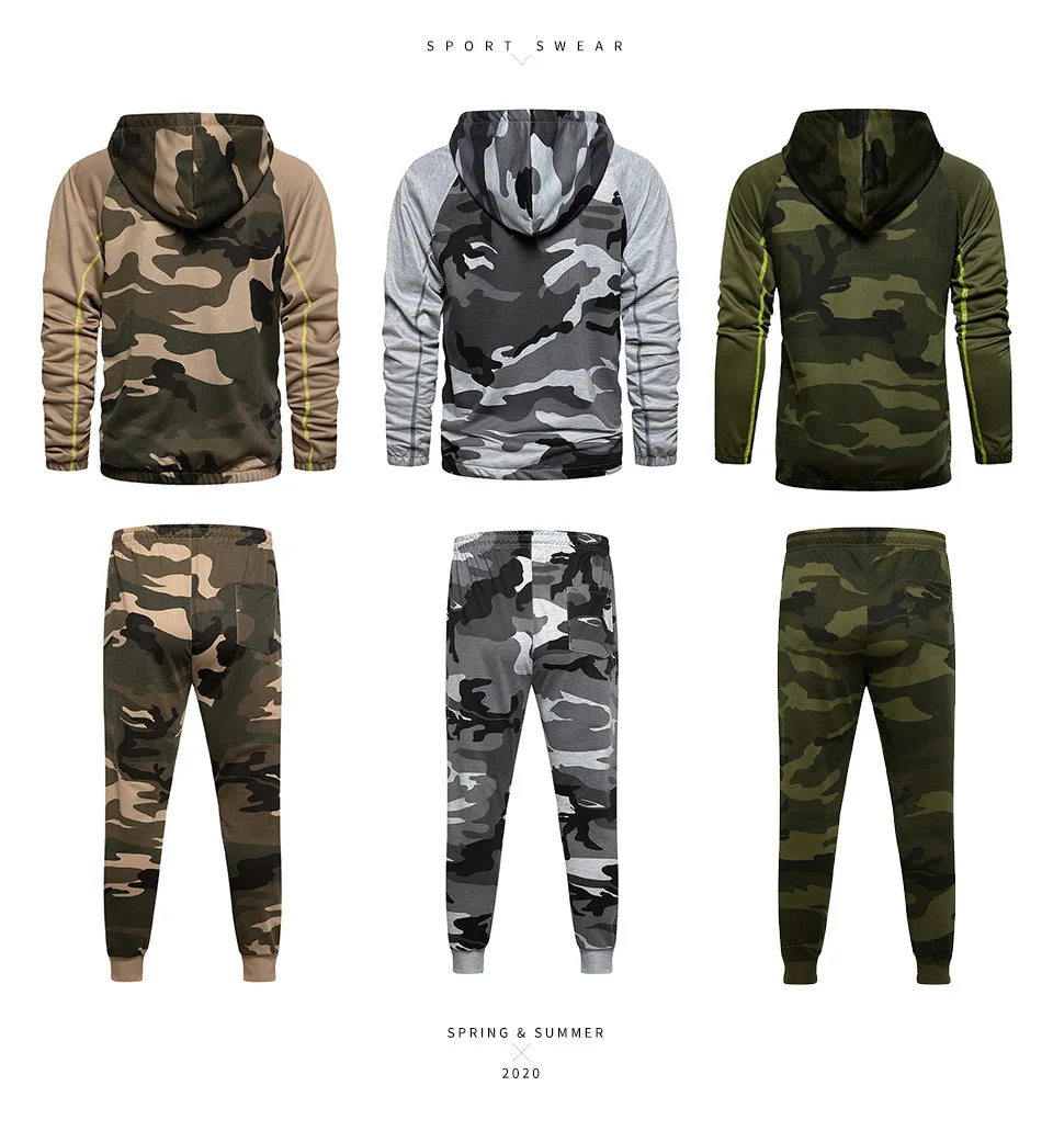 

Large Size Men's Sport Suit Camouflage Decor Hoodies Zipper Hooded Stretchy Breathable Fitness Sport Male Quality Clothes