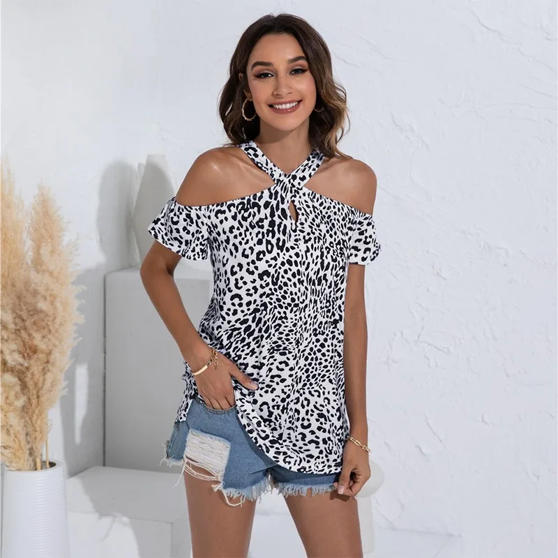 

Summer Leopard T Shirt Women Fashion Hanging Neck Short Sleeve Casual Streetwear Tee Shirt Female Plus Size Off Shoulder Tops