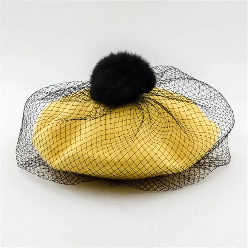 

Women Beret Hat Rabbit Hair Ball Mesh Veil Wool Beret Ladies Pompom Hat Autumn Winter Solid Color Top Quality Painter Caps Girls
