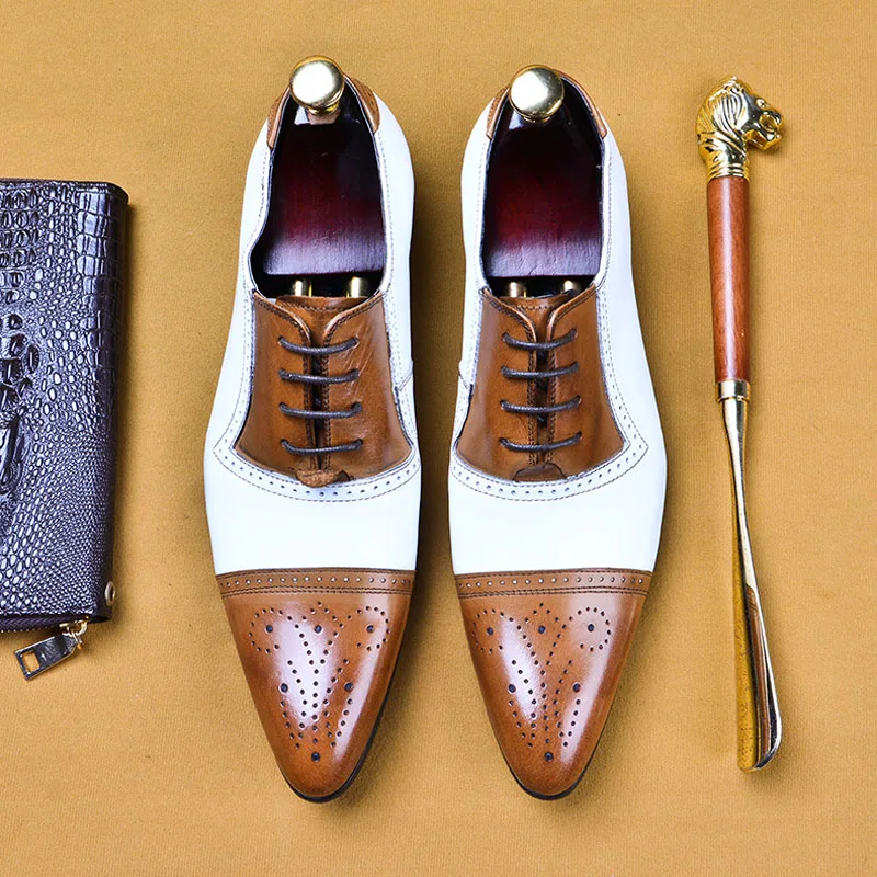 

Genuine Leather Men's Brogue Carving Dress Wedding Party Shoes For Man Pointed Toe Lace Up Oxfords Buiness Formal Shoes Men A54