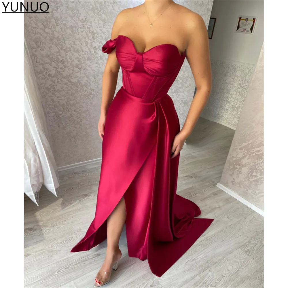 

YUNUO vestidos de fiesta Red Satin Long Formal Evening Dress One Shoulder Slit Sexy Prom Party Gowns Sweep Train فساتين السهرة