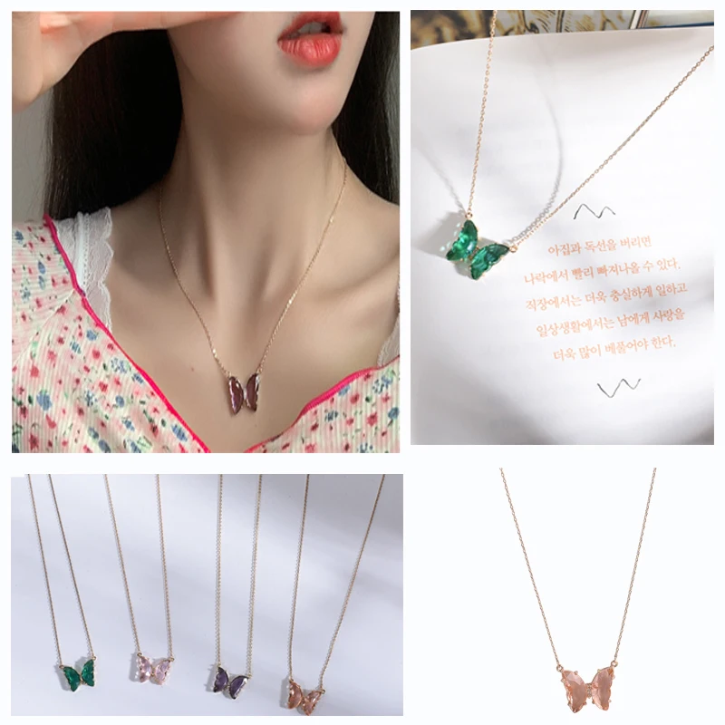 

Ladies Pendant Necklace Multicolor Crystal Transparent Butterfly Transparent Alloy Necklace Fashion Elegant Clavicle Chain Gift
