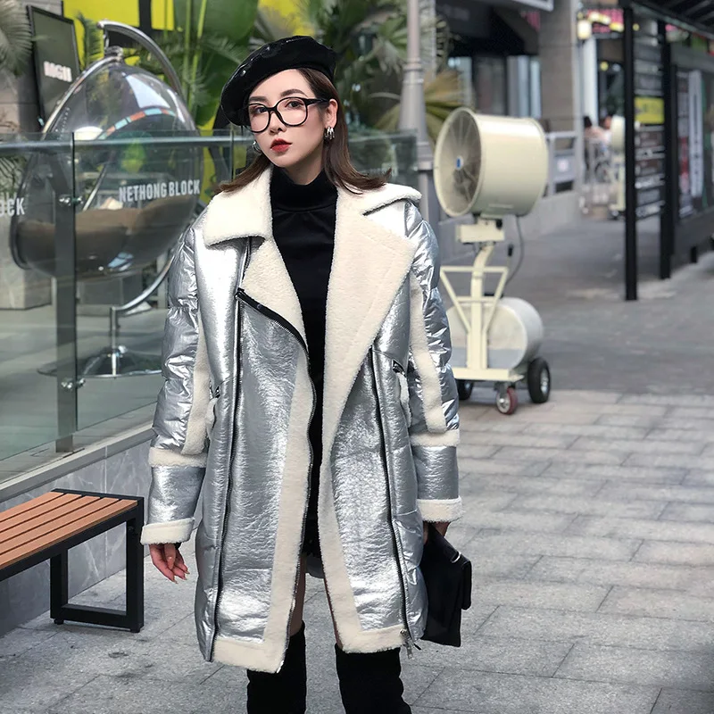 Ins, хит, серебро,, зимняя, Harajuku, свободная, с капюшоном, длинная, зимняя куртка, для женщин, теплая, уличная, овечья шерсть, пальто для женщин, SA048S30