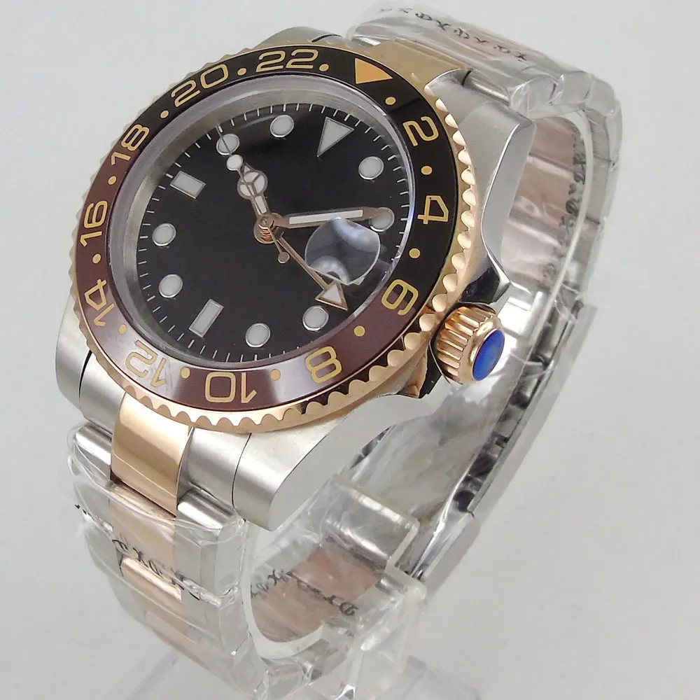 

40MM Brand Root Beer Rose Gold Automatic Men Watch Sapphire Glass GMT Hand Date Window Mental Strap Ceramic Bezel