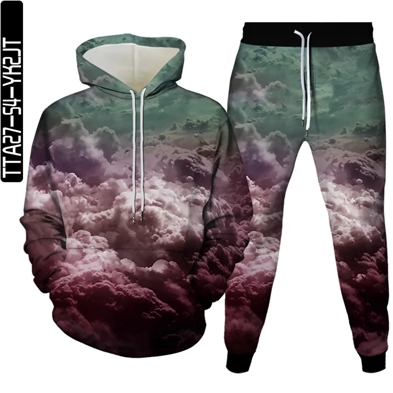 

Autumn new color cloud element men's and women's 3D hoodie + sweatpants two-piece men's hooded long-sleeved thin pullover