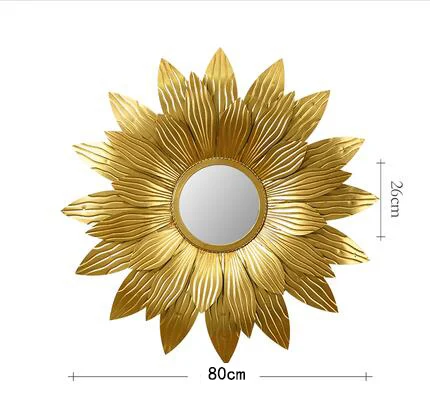 American Light Luxury Wrought Iron Gold Sun Flower Decorative Mirror Wall Hanging Pendant Aisle Background Wall Mural Crafts Art - Цвет: 80CM