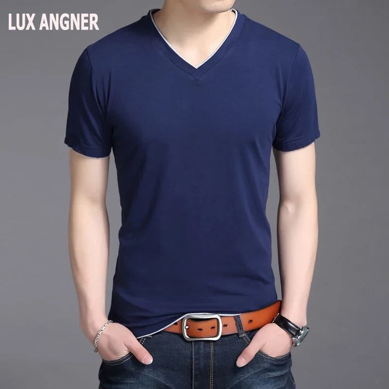

LUX ANGNER Summer Men Solid Color T Shirt Men Short Sleeve V-Neck Cotton T-Shirt Men's Korean Slim Fit Casual T Shirt Tee Tops