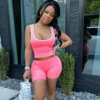 solid color two piece short set for women tracksuit summer clothes crop tops biker shorts outfits sporty jogger matching sets