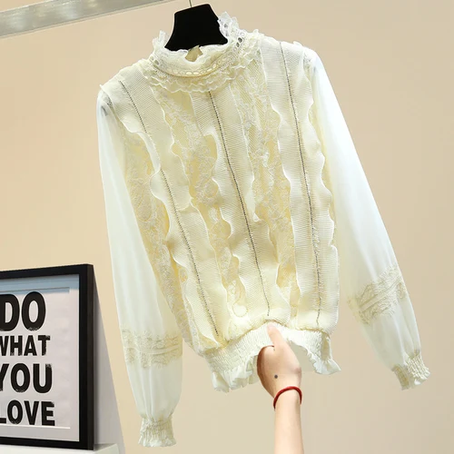 

Блузка женская кружевная, шифоновая, приталенная, с плиссированными оборками и рукавами-фонариками, весна 2021