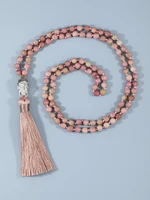 yuokiaa 6mm 108 mala beads necklace natural rhodonite with buddha head pendant beaded bohemian tassel necklace yoga japamala