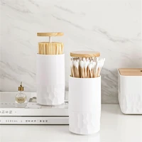 simple plastic toothpick box automatic push cotton swab holder portable living room toothpick box with wooden lid