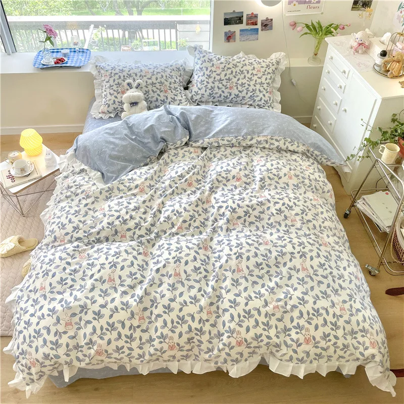 

Fresh Floral Lace Bedding Set Pure Cotton Flower down Quilt Cover Four-Piece Set Princess Wind Style Washed Cotton Cute Bedding