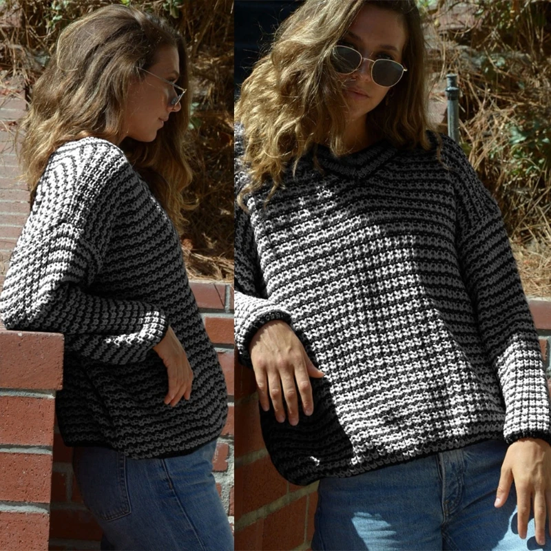 

Women Winter Autumn V-Neck Knitted Sweater Casual Long Sleeve Stripe Pullover Tunic Tops Outwear