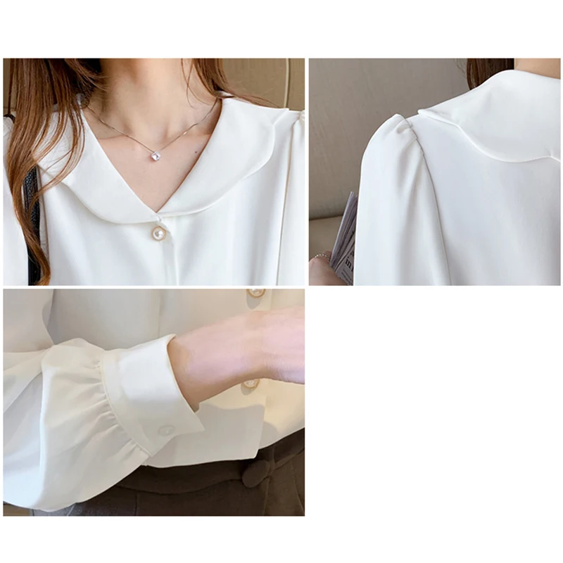 

LJSXLS 2021The New Spring Chiffon Peter Pan Collar Long Sleeve Blouses Women Solid Pearl Button Loose White Versatile Ladies Top