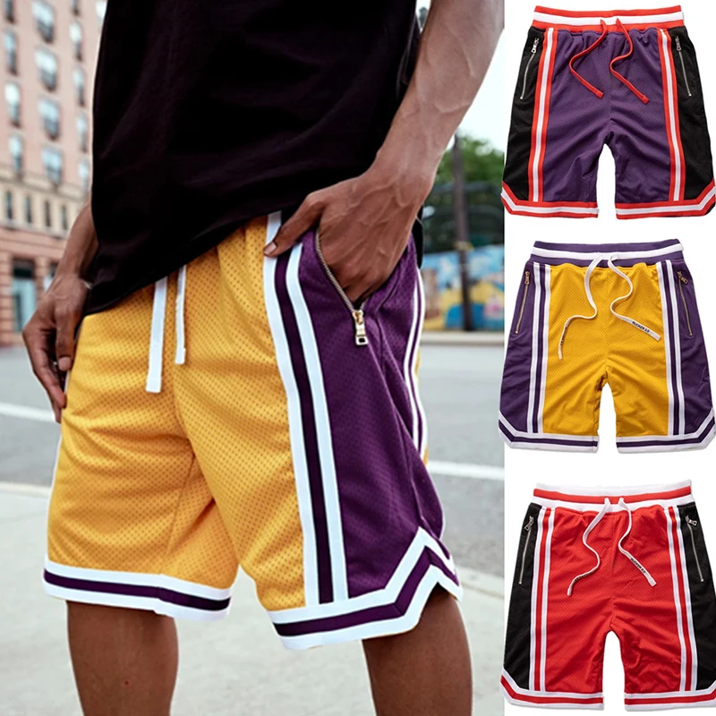 Men Fashion Summer Casual Mesh Shorts Outdoor High Waist Basketball Sports Zipper Pocket Splice Color Gym Pants Workout Pants