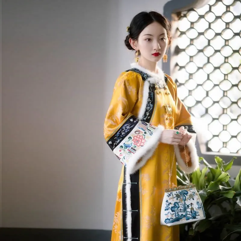 

Late Qing Antique Qipao одежда в восточном стиле с меховым воротником для принцессы роскошное Ципао шикарная вышивка с принтом утолщенный костюм