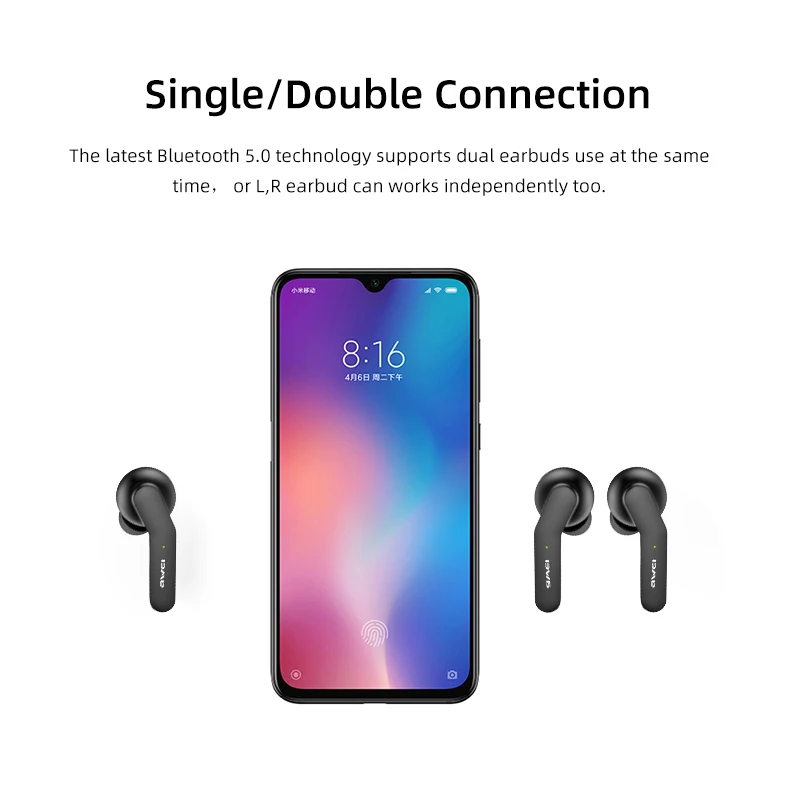 AWEI TWS Bluetooth V5.0 настоящие беспроводные наушники для зарядки с двойным микрофоном шумоподавление HiFi 6D бас игровая гарнитура сенсорное управление Качественные Наушники с микрофоном звук чистый и басс