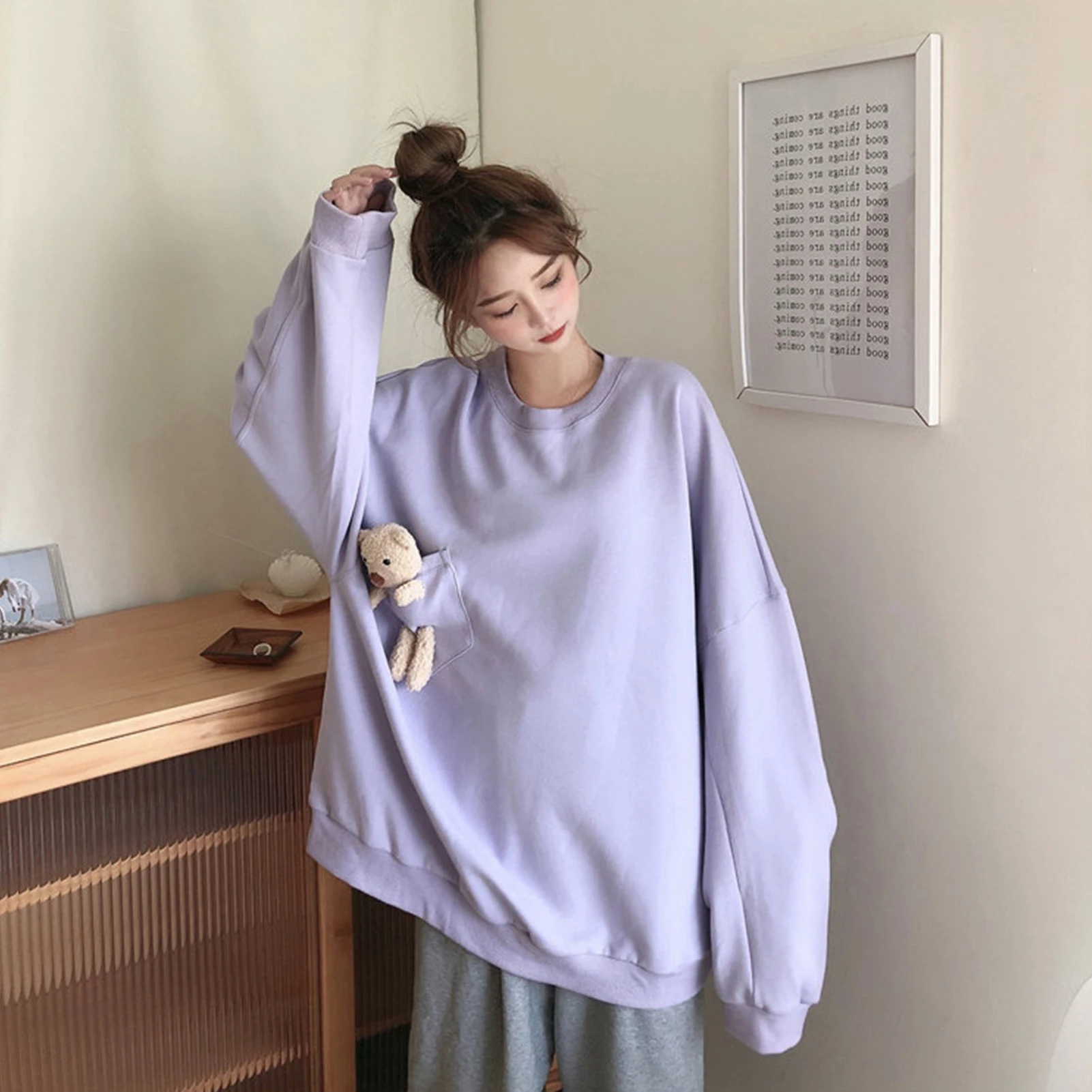 Streetwear Hoodies Hooded Women Autumn Winter Sweatshirts Pocket Blouse Top O Neck Bear Long Sleeve Hoodie Casual Pullovers 2020