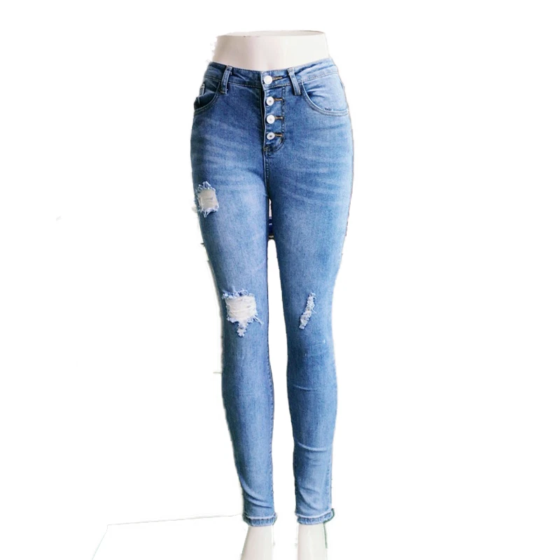 

Dilusoo Women High Waist Jeans Pants Elastic Ripped Denim Jeans 4 Season Pencil Pants Woman Holes Breasted Casual Jeans Ladies