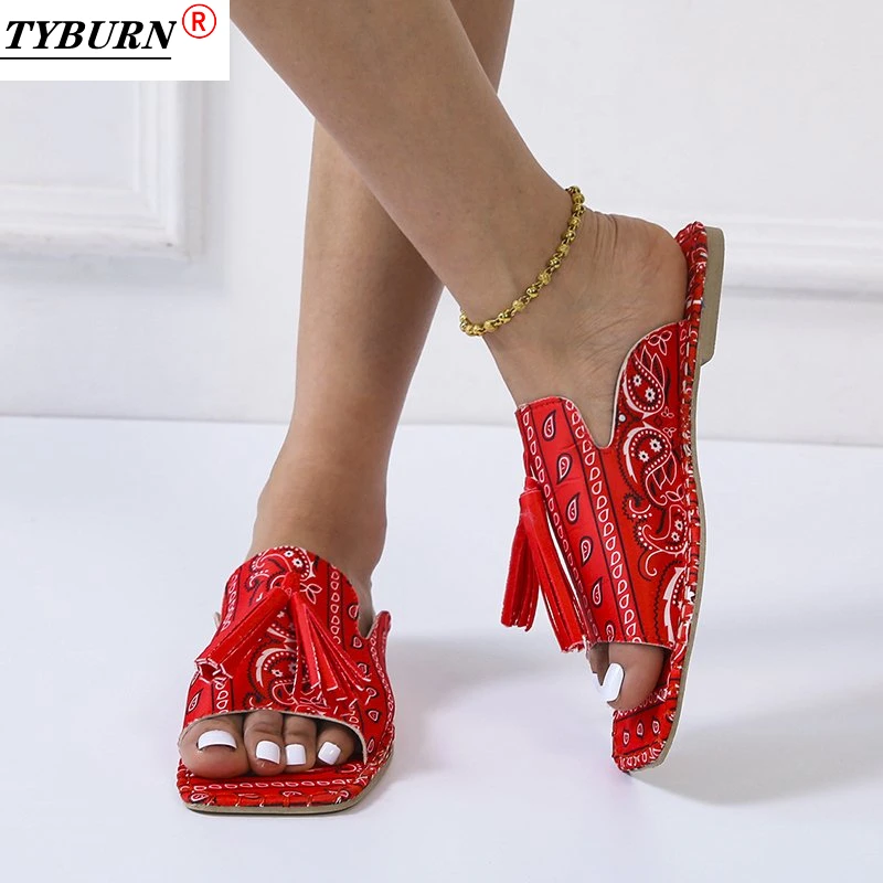 

2021 Women's Sandals Fashion Tassels Comfortable Summer Beach Slippers Retro Printing Shoes Ladies Flat Slippers Outdoor Sandals