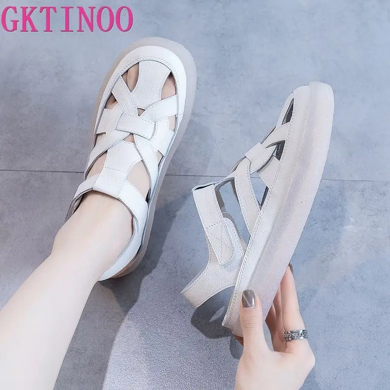 

GKTINOO Women Flat Sandals Hook&Loop Soft Genuine Leather Sandals Female Casual Women's Platform Woman Beach Shoes Summer New