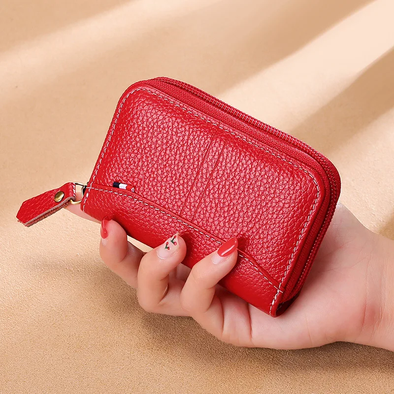 New Popular High-end Leather Card Holder Lychee Pattern Women's Stitching Coin Purse Cowhide Men's Business Cards Case