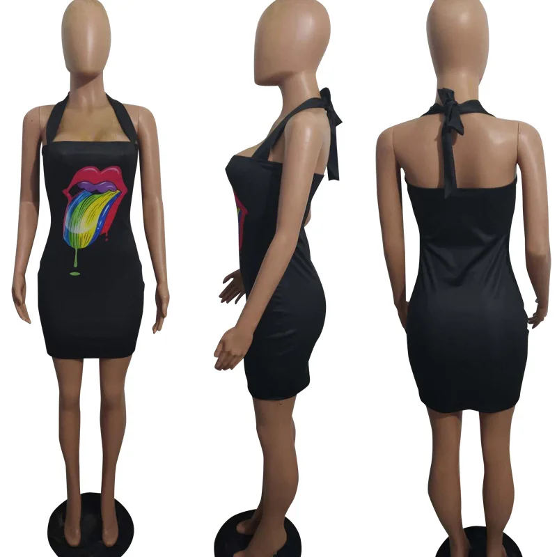 

New Sexy Women Dress Lip Printed Sleeveless Tank Bodycon Midi Mini Dresses Clubwear S-3XL