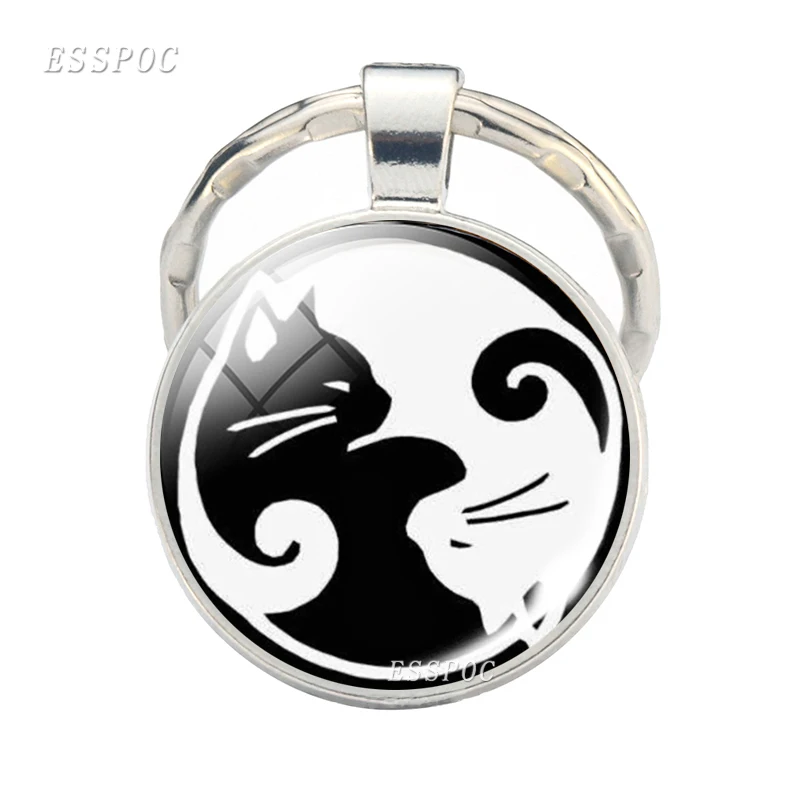 

Fashion Animals Jewelry Black Cat Magic Keychain Yin Yang Cat glass Cabochon Keyring Cat Pendant