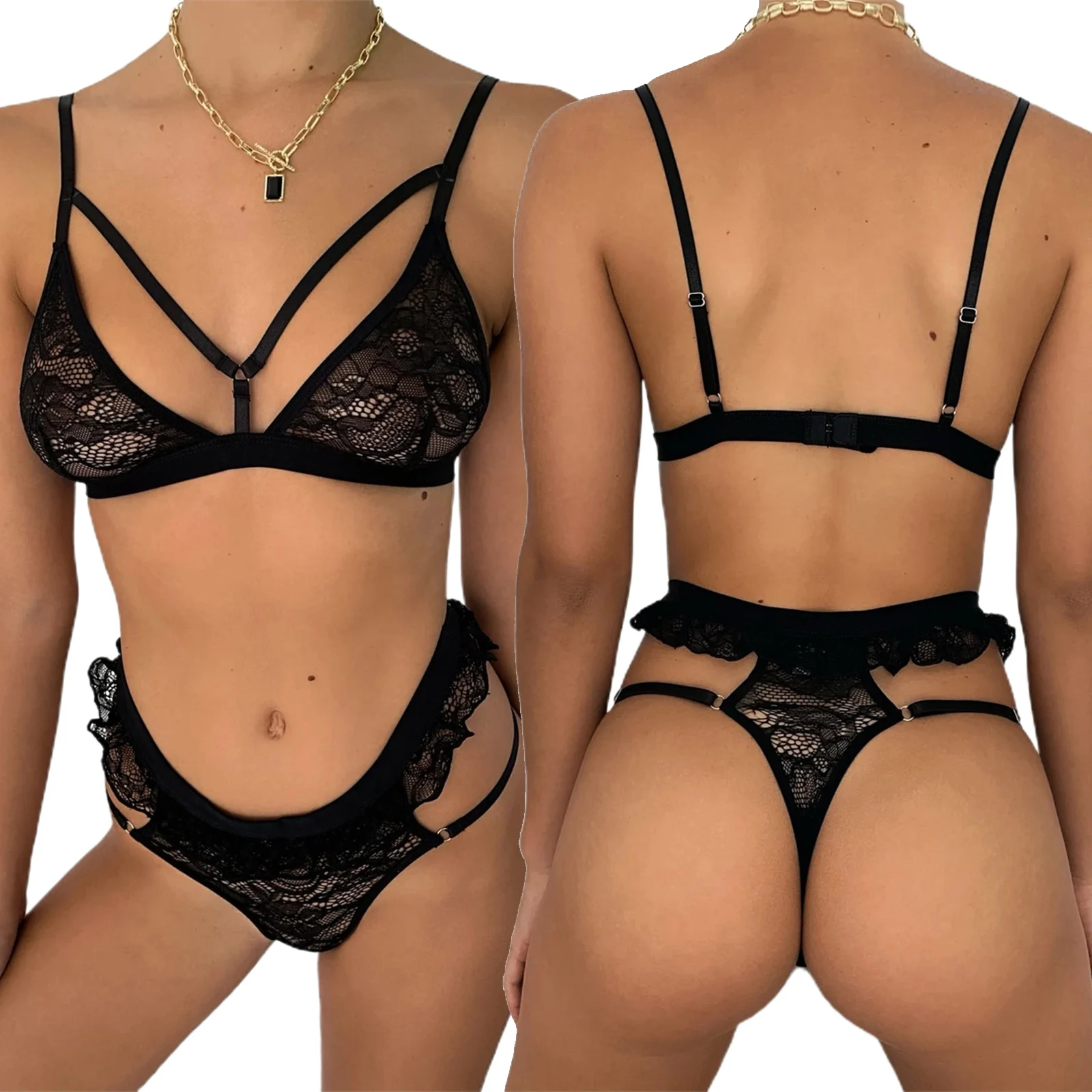 

Women 2 Pieces Lingerie Set Female Solid Color Spaghetti Strap Bikini Tops+ Lace Trim Panties for Summer, S/M/L/XL