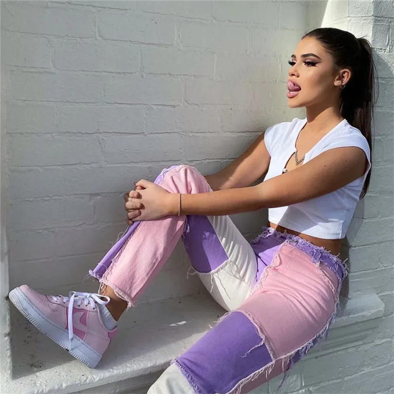 

High Waist Straight Denim Pants Contrast Color Distressed Jeans Pants Women Preppy Style Chic Streetwear Outfits