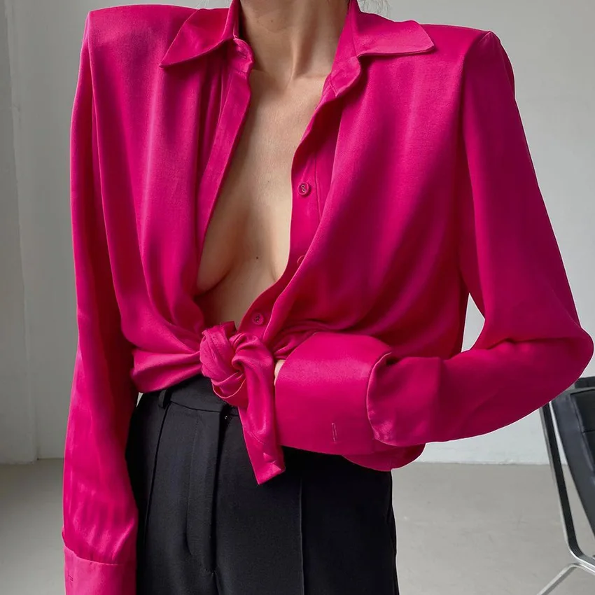 

Fashion Solid color Turn Down Collar Satin Womens Shirts Elegant Long Sleeve Casual Blouse Ladies All-matching Single Breasted