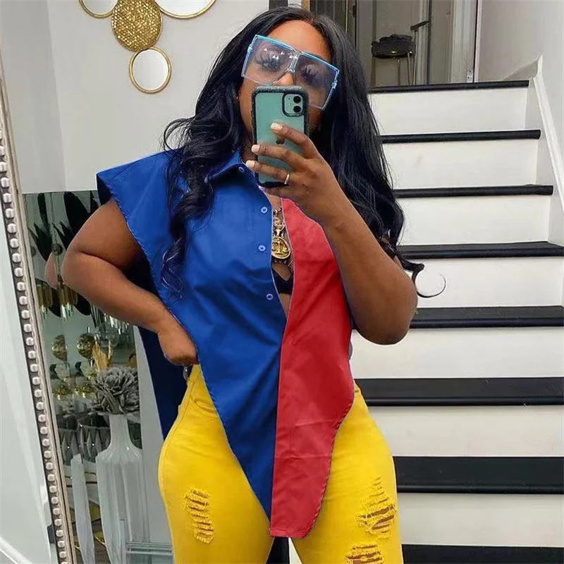 

hirigin Patchwork Streetwear Buttons Up Shirts Sexy Summer Tops Women Sleeveless Deep V Neck Solid Irregular Hem Loose Blouse