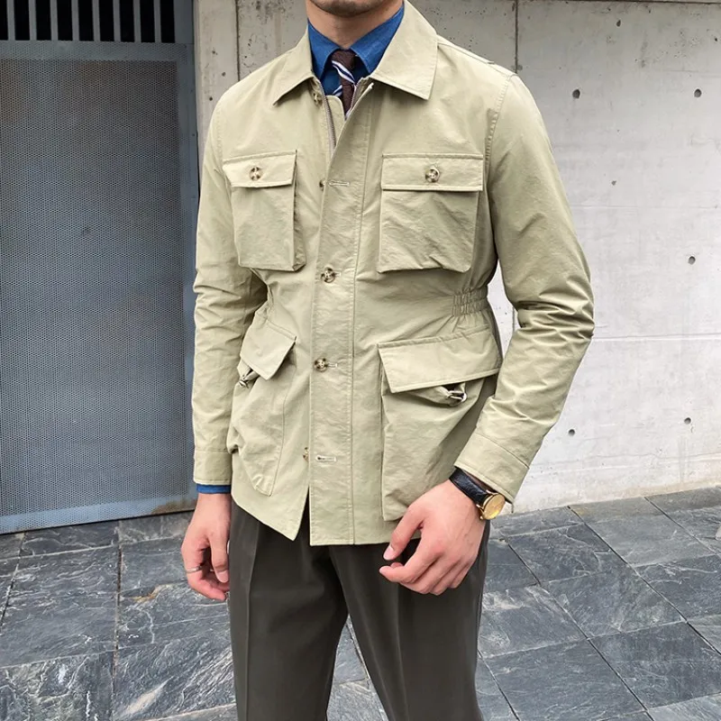 

Autumn Mens Multiple Pockets Cargo Jacket Vintage Winter Padded Jackets Slim Fit Solid Single Breasted Business Casual Outerwear