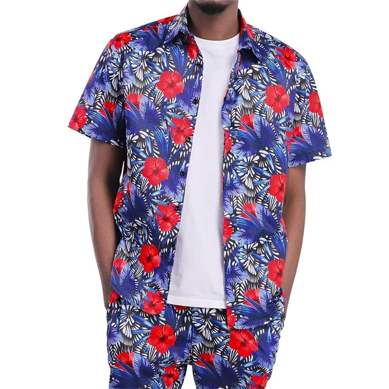 Летние пляжные шорты с 3D принтом красные цветы мужские рубашки коротким рукавом