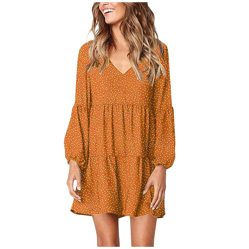 Женское повседневное мини платье в горошек с v образным вырезом свободное