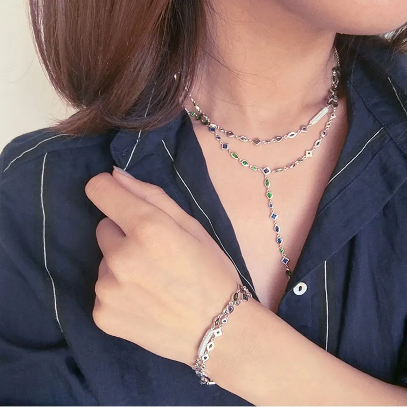 Женское Ожерелье с бахромой и цветным цирконием Y образная цепочка до ключиц из