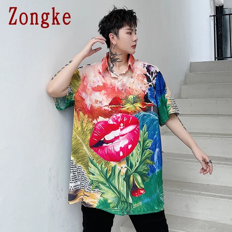 

Zongke Kiss Printed Casual Shirts For Men Clothing Korean Fashion Men Shirts Hawaiian Short Sleeve M-2XL 2021 New Arrivals