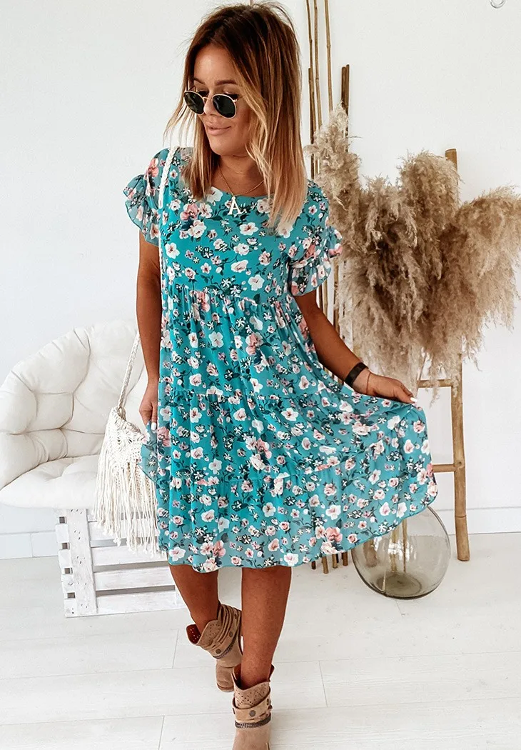 

Lady Casual Short Sleeve Floral Print Pleated Dresses Women Trendy Bohemian Dress Sweety Cute Above Knee Short Dress Beach Dress
