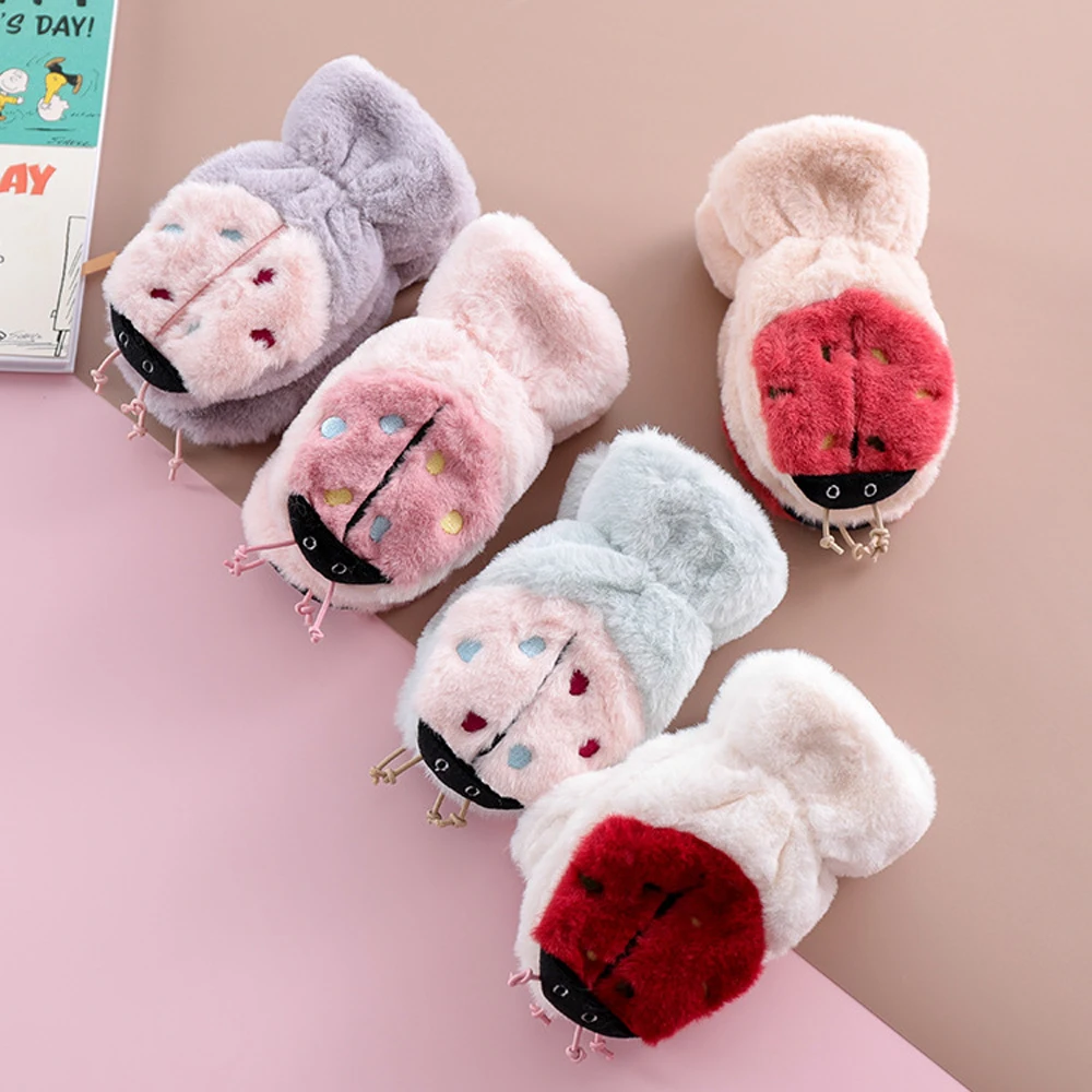 Новые зимние Утепленные плюшевые мягкие митенки с объемным рисунком божьей