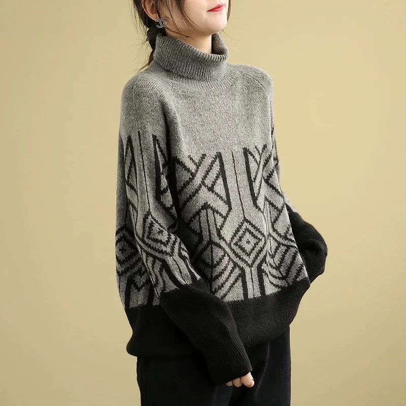 Свитер Женский вязаный Max LuLu с высоким воротником в Корейском стиле свободный