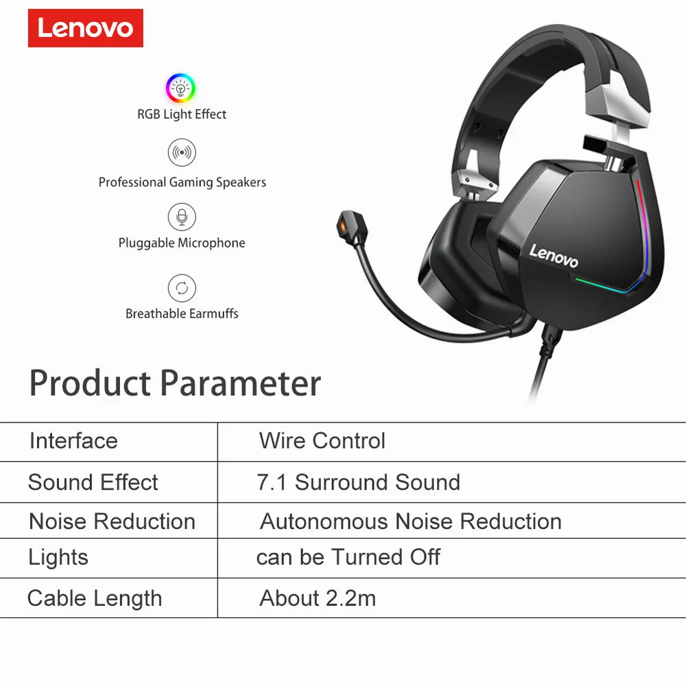 

Lenovo Gaming Headset Wired Earphones Surround Sound RGB Colourful Light Deep bass in-ear with Mic for PC Laptop Gamer Headset