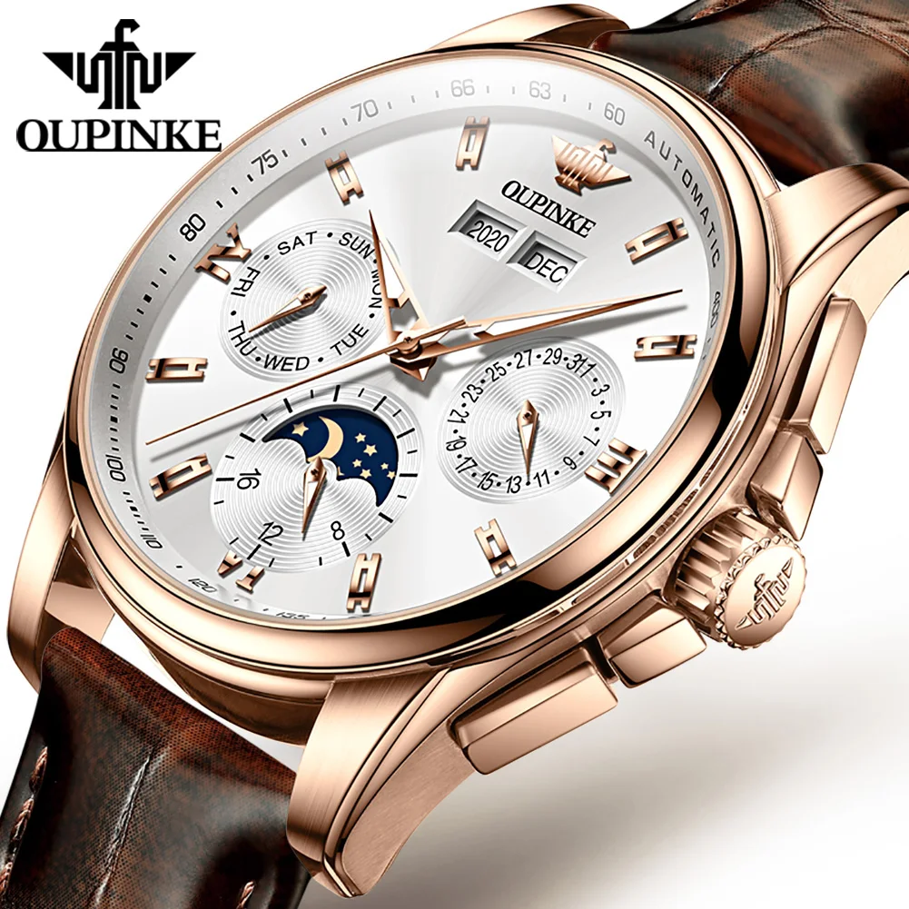 

OUPINKE 3189 Swiss-Movt Tourbillon Watch Complete Calendar Mechanical Automatic Watches Men Sapphire Glass Moon Phase Clock 5ATM
