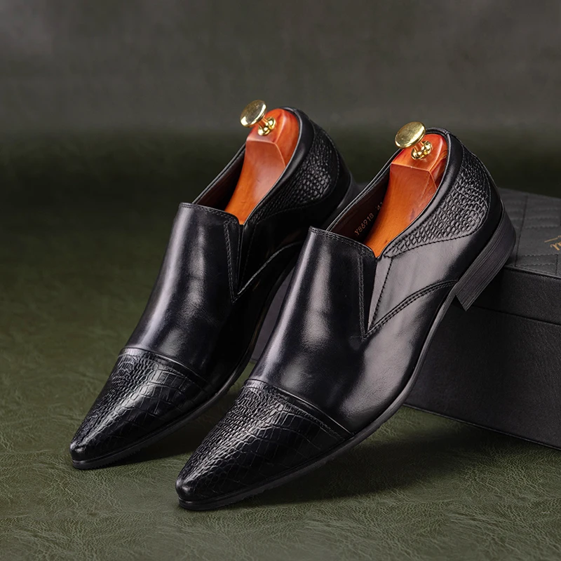 

PJCMG Men's Spring/Autumn Men Fashion Business Formal Genuine Leather Black Pointed Toe Handmade Flat Patent Oxford Men Shoes